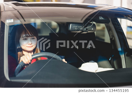 在陽光明媚的日子裡,一位留著長髮的年輕女子開車。 在陽光明媚的日子裡,一位留著長髮的年輕女子開車。 134455195