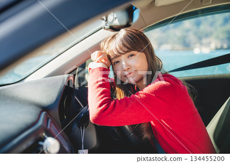 A young long-haired woman driving a car on a sunny day A young long-haired woman driving a car on a sunny day 134455200