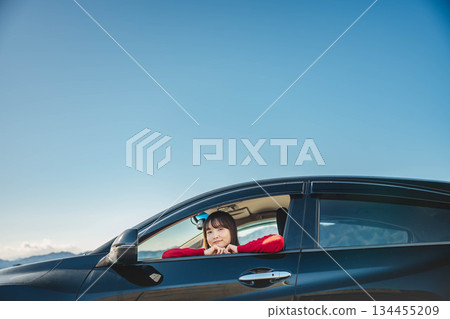 A young long-haired woman driving a car on a sunny day A young long-haired woman driving a car on a sunny day 134455209