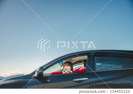 A young long-haired woman driving a car on a sunny day A young long-haired woman driving a car on a sunny day 134455210