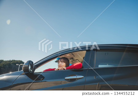 A young long-haired woman driving a car on a sunny day A young long-haired woman driving a car on a sunny day 134455212