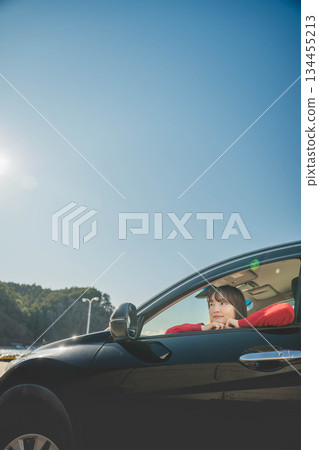 A young long-haired woman driving a car on a sunny day A young long-haired woman driving a car on a sunny day 134455213
