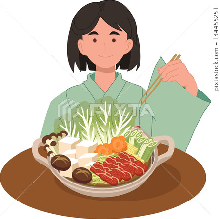 young woman eating japanese hot pot at home, fresh vegetables tofu and beef in a cozy dinner setting young woman eating japanese hot pot at home, fresh vegetables tofu and beef in a cozy dinner setting 134455251