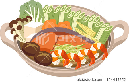japanese food nabemono hot pot in donabe with shrimp vegetables and tofu 134455252