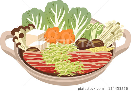japanese hot pot nabe ingredients tofu mushrooms and sliced meat in clay pot. japanese hot pot nabe ingredients tofu mushrooms and sliced meat in clay pot. 134455256