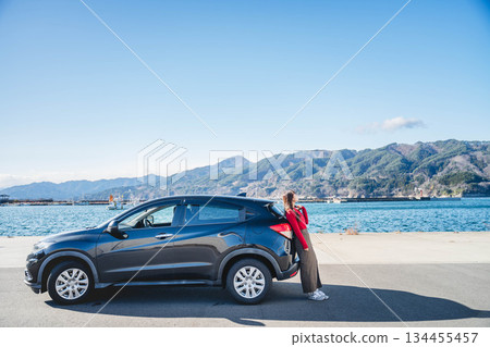 A young woman with long hair resting against a car by the winter sea under a blue sky 134455457