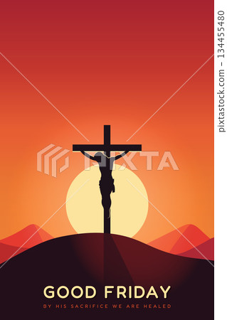 Good Friday banner with silhouette of Jesus Christ on the cross at red sunset background. 134455480