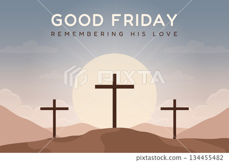 Good Friday Christian background with three crosses on Calvary hill at sunset. Good Friday Christian background with three crosses on Calvary hill at sunset. 134455482