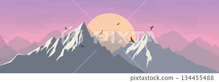 Mountain Landscape View Sunset Sunrise Pink Purple Sky Birds Silhouettes Horizontal Banner. 134455488