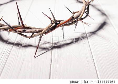 Jesus Crown of thorns shadow silhouette against textured gray surface, symbol spiritual pain and redemptive struggle Banner good friday background, concept for Christian Easter Jesus Crown of thorns shadow silhouette against textured gray surface, symbol spiritual pain and redemptive struggle Banner good friday background, concept for Christian Easter 134455564