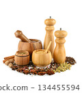 Culinary Concept: Wooden Mortar, Pestle, and Grinders with Aromatic Spices 134455594