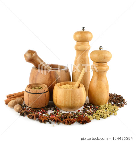 Culinary Concept: Wooden Mortar, Pestle, and Grinders with Aromatic Spices Culinary Concept: Wooden Mortar, Pestle, and Grinders with Aromatic Spices 134455594