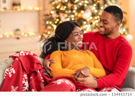 New normal and celebration at home isolation. Smiling young african american husband and wife sit on sofa covered with blanket and looking at each other in interior with Christmas tree with garlands 134455714