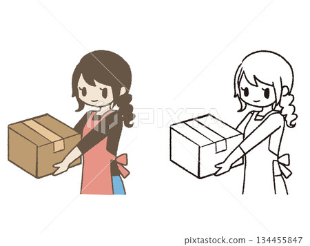 手繪女子手持紙箱 手繪女子手持紙箱 134455847