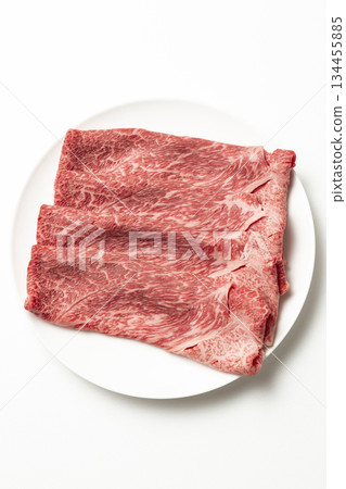 Beef on a white plate White background Beef on a white plate White background 134455885
