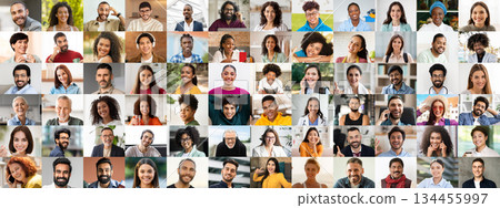 This vibrant collage showcases a variety of joyful faces from different ethnic backgrounds, highlighting the beauty of diversity and togetherness in modern society. 134455997
