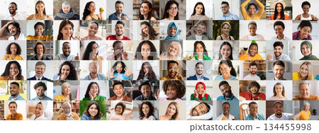 This vibrant collage features diverse individuals from various backgrounds, all sharing joyful expressions. The atmosphere exudes happiness and a sense of community, highlighting inclusivity. This vibrant collage features diverse individuals from various backgrounds, all sharing joyful expressions. The atmosphere exudes happiness and a sense of community, highlighting inclusivity. 134455998