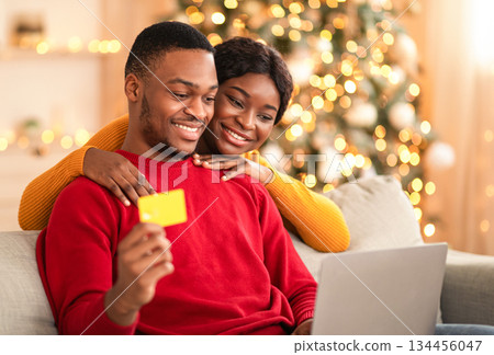 Shopping online together and seasonal discounts at end of year. Happy millennial african american husband and wife hug, look at laptop and show credit card in interior with tree and glowing garlands 134456047
