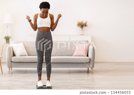 Great Weight Loss. Excited African American Woman On Weight-Scales Shaking Fists In Joy Weighing After Successful Slimming At Home. Weight-Loss Success Concept. Full Length Great Weight Loss. Excited African American Woman On Weight-Scales Shaking Fists In Joy Weighing After Successful Slimming At Home. Weight-Loss Success Concept. Full Length 134456055