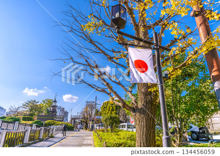 年末的日本東京城市景觀。我們不能忘記那場悲劇…在九段下站前…日本國旗迎風飄揚…= 17日 134456059
