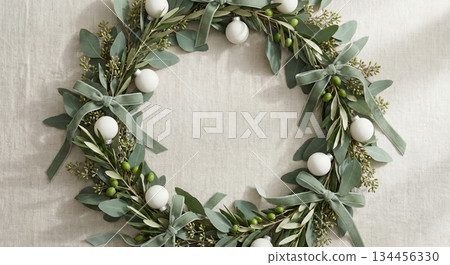 Green Wreath W White Decor 134456330