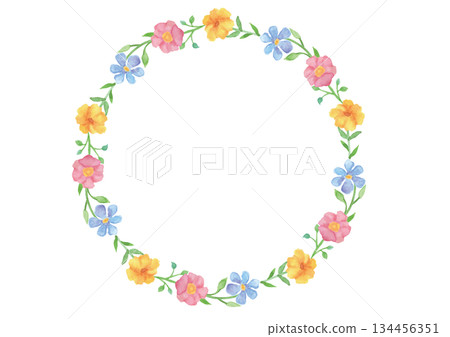 水彩柔和三色花卉圓形畫框 134456351