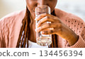 Refreshing Drink. Beautiful Young Black Lady Drinking Water From Glass At Home, Enjoying Clean Mineral Liquid While Relaxing In Kitchen, Taking Healthy Beverage For Body Hydration, Closeup, Cropped 134456394