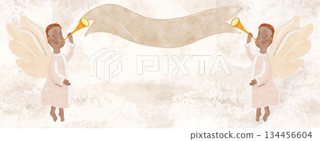 Angels blowing trumpets, holding blank ribbon banner in cloud white tones watercolor. Soft neutral background, airy composition, isolated on white. Ideal for Christmas cards, luxury branding, prints. 134456604