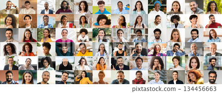 A lively collection of portraits showcases diverse individuals from different backgrounds, all sharing genuine smiles. This set highlights the beauty of unity in diversity amid everyday moments. 134456663