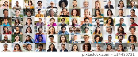 A vibrant collage of diverse faces reflects joy and unity. Each individual represents different backgrounds and cultures, celebrating happiness and community in everyday life. 134456721