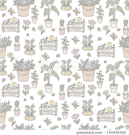Seamless Gardening Pattern. Repeating Spring Potted Plants, Flowers, And Botanical Cozy Home Decor on White Background. Pastel Hand Drawn Doodle. Vector illustration. Not AI 134456760