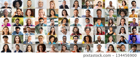 A vibrant collage captures a collection of faces from various backgrounds, all smiling and exuding joy. Their expressions highlight a shared sense of happiness and unity in diversity. A vibrant collage captures a collection of faces from various backgrounds, all smiling and exuding joy. Their expressions highlight a shared sense of happiness and unity in diversity. 134456900