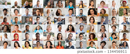 A vibrant collage featuring a diverse group of people smiling and expressing joy. This collection highlights multiracial individuals from various backgrounds in a lively and engaging atmosphere. 134456911
