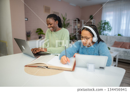 Mother and daughter studying online and working from home 134456941
