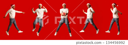 Collage of positive african american guy in santa hat jumping with xmas gift box over orange background, funny young black man enjoying christmas and new year holidays, creative banner, panorama Collage of positive african american guy in santa hat jumping with xmas gift box over orange background, funny young black man enjoying christmas and new year holidays, creative banner, panorama 134456992