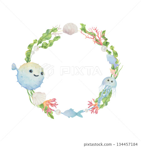 Cute Watercolor round frame with cartoon underwater animals and sea elements Cute Watercolor round frame with cartoon underwater animals and sea elements 134457184