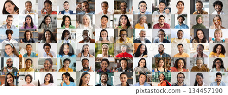 This vibrant collage captures the joyful faces of a diverse group of individuals, showcasing multiracial and polyethnic backgrounds. 134457190
