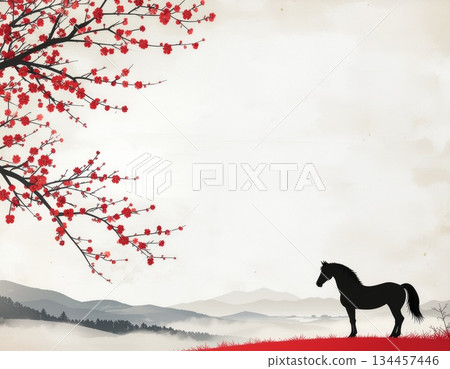 A minimalist Japanese-style New Year's card featuring a horse and mountain scenery in ink painting style A minimalist Japanese-style New Year's card featuring a horse and mountain scenery in ink painting style 134457446
