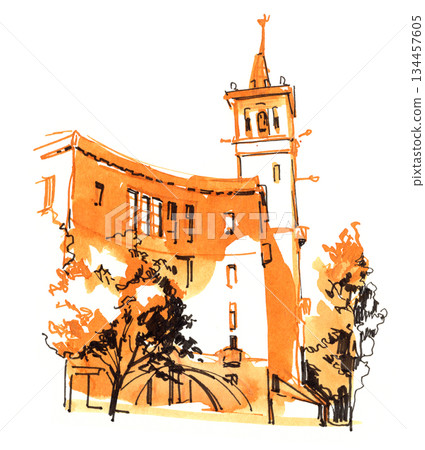 Ink and marker sketch of a city church tower and curved building facade, drawn Ink and marker sketch of a city church tower and curved building facade, drawn 134457605