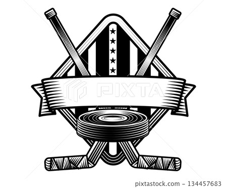 vintage ice hockey sport logo illustration crossed sticks and puck with shield badge in retro emblem engraved drawing sketch vintage ice hockey sport logo illustration crossed sticks and puck with shield badge in retro emblem engraved drawing sketch 134457683
