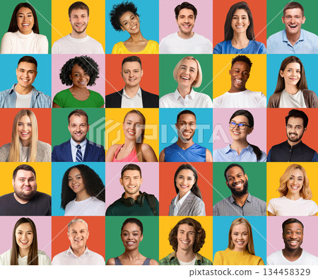 Positive men and women of various nationalities and generations, set of closeup portraits on colorful backgrounds, creative image. Peoples lifestyles, international communities concept Positive men and women of various nationalities and generations, set of closeup portraits on colorful backgrounds, creative image. Peoples lifestyles, international communities concept 134458329
