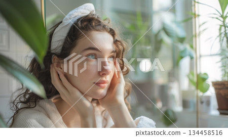 A thoughtful young woman looks out a bright window, with a gentle expression and hands on her cheeks. A thoughtful young woman looks out a bright window, with a gentle expression and hands on her cheeks. 134458516