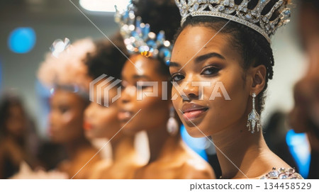 A woman adorned with a bejeweled crown stands out during a beauty pageant, with fellow contestants blurred in the background. A woman adorned with a bejeweled crown stands out during a beauty pageant, with fellow contestants blurred in the background. 134458529