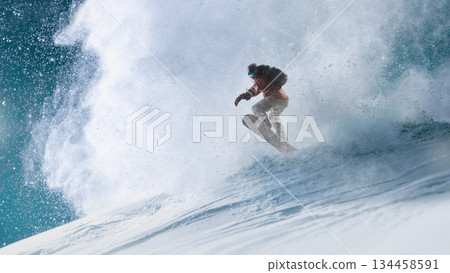 Action artwork. Powerful snowboarder jumping through deep snow on mountain slope. 134458591