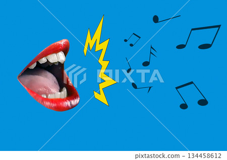 Collage with a singing mouth and notes. Shouting mouth and notes. 134458612