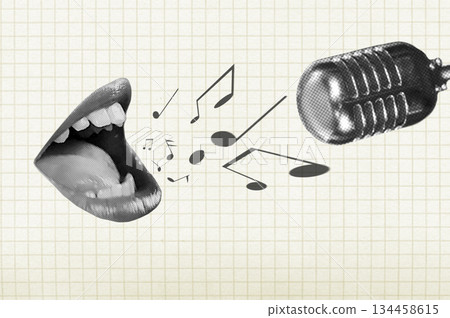 Halftone collage with a singing mouth, notes and microphone. Vintage microphone, shouting mouth and notes. 134458615