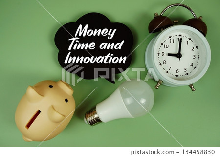 Money, Time, and Innovation text written on speed bubble with light bulb, piggy bank and alarm clock Money, Time, and Innovation text written on speed bubble with light bulb, piggy bank and alarm clock 134458830