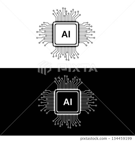 AI microchip symbol on white and black backgrounds, artificial intelligence circuit vector art isolated on a white background. AI microchip symbol on white and black backgrounds, artificial intelligence circuit vector art isolated on a white background. 134459199