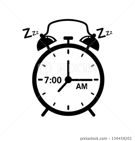 Black and white vector silhouette design of an alarm clock showing 7:00 am time with sleeping symbols isolated on a white background. 134459201