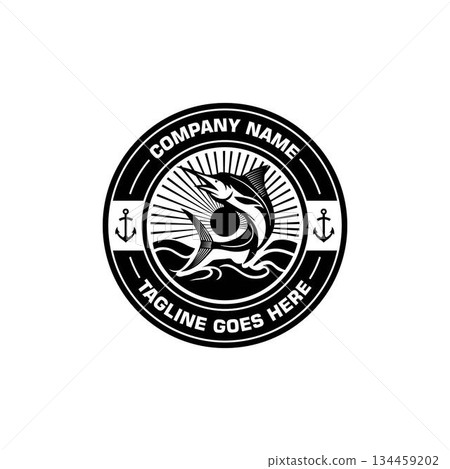 Black and white vintage vector logo design circular with fish and anchor symbols isolated on a white background. Black and white vintage vector logo design circular with fish and anchor symbols isolated on a white background. 134459202